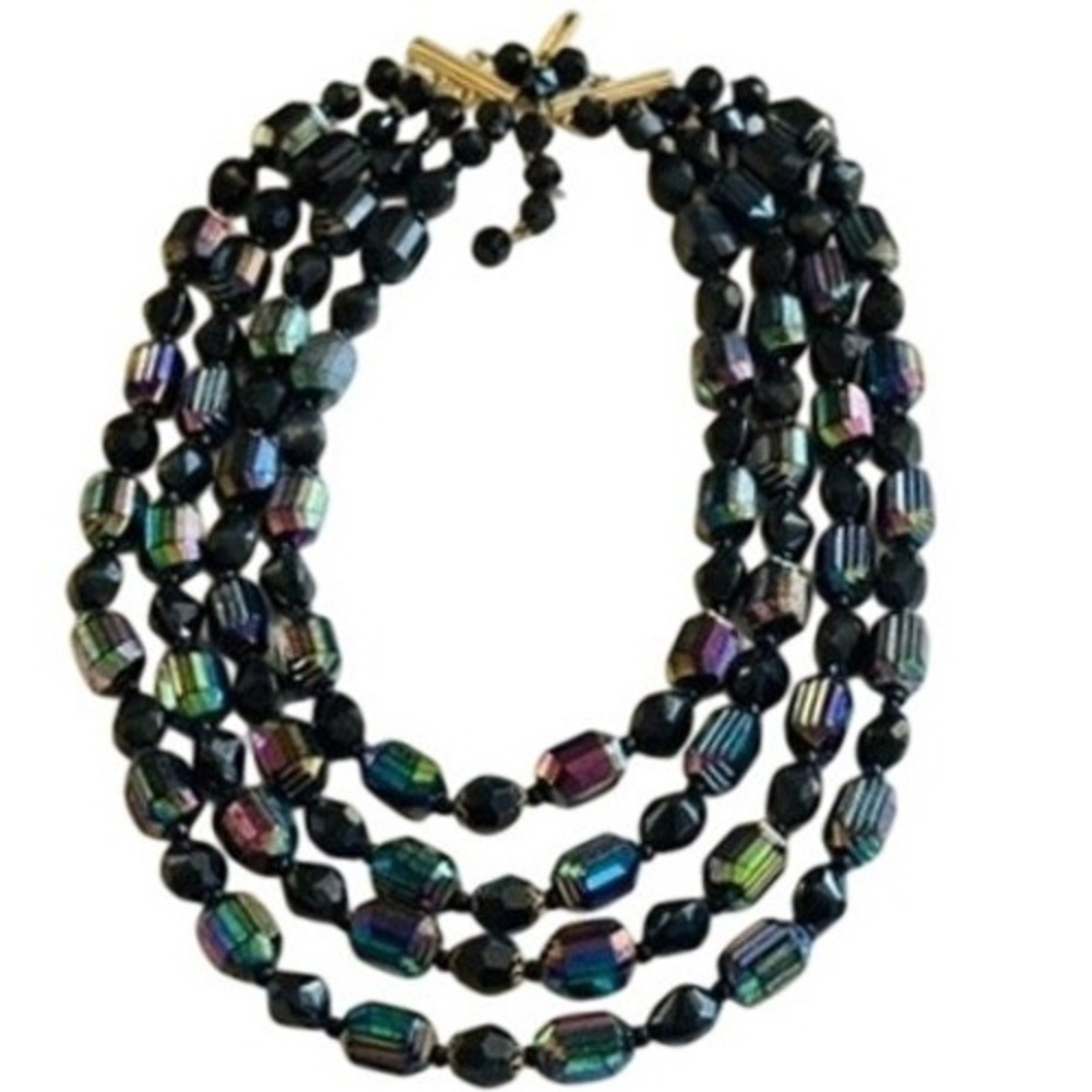 VTG Estate Lucite beaded bib Necklace rainbow black Multi 4 Strand W.Germany 40s
